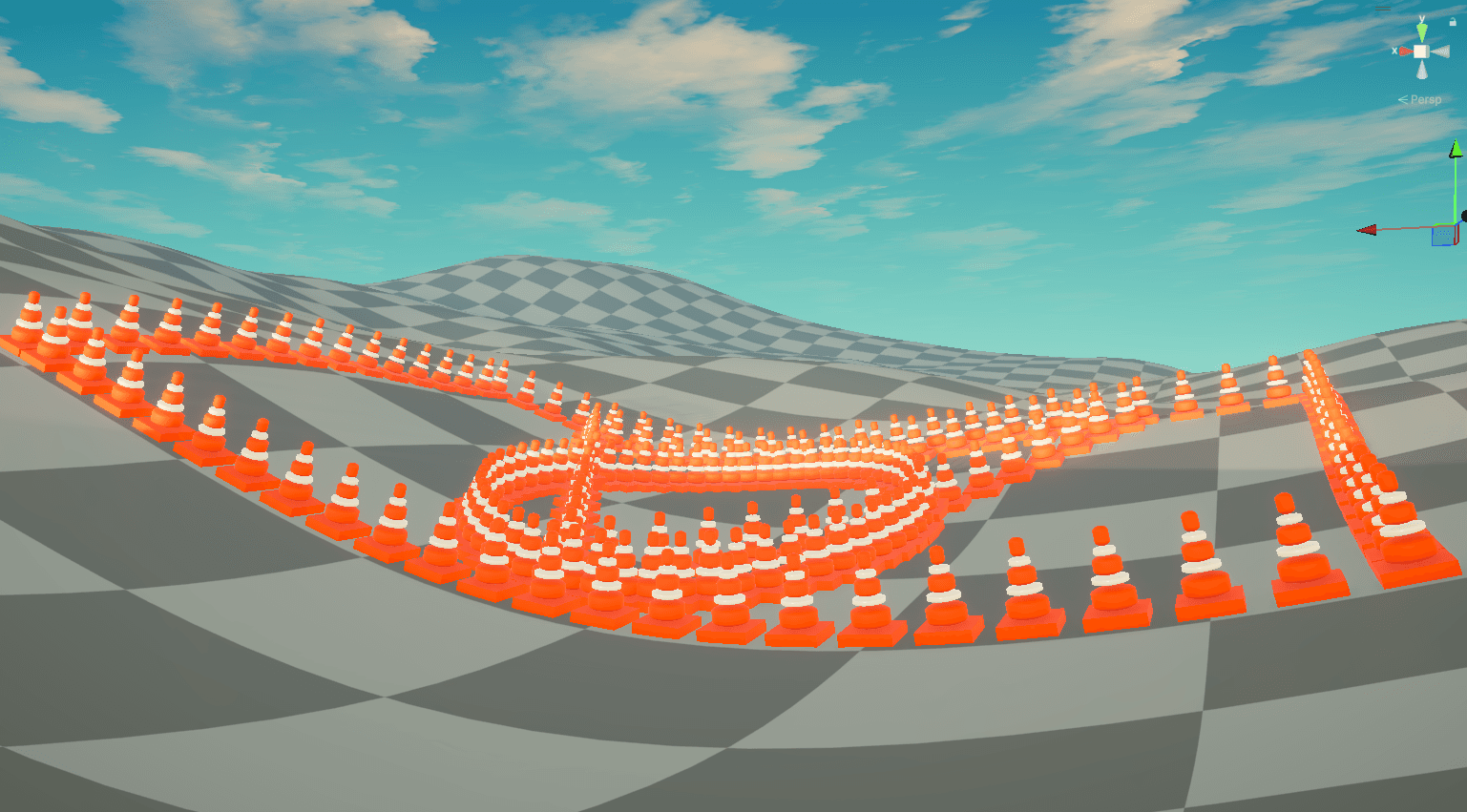 Cones placed in circular and line patterns sitting flush on the contours of a terrain after Align With Surface