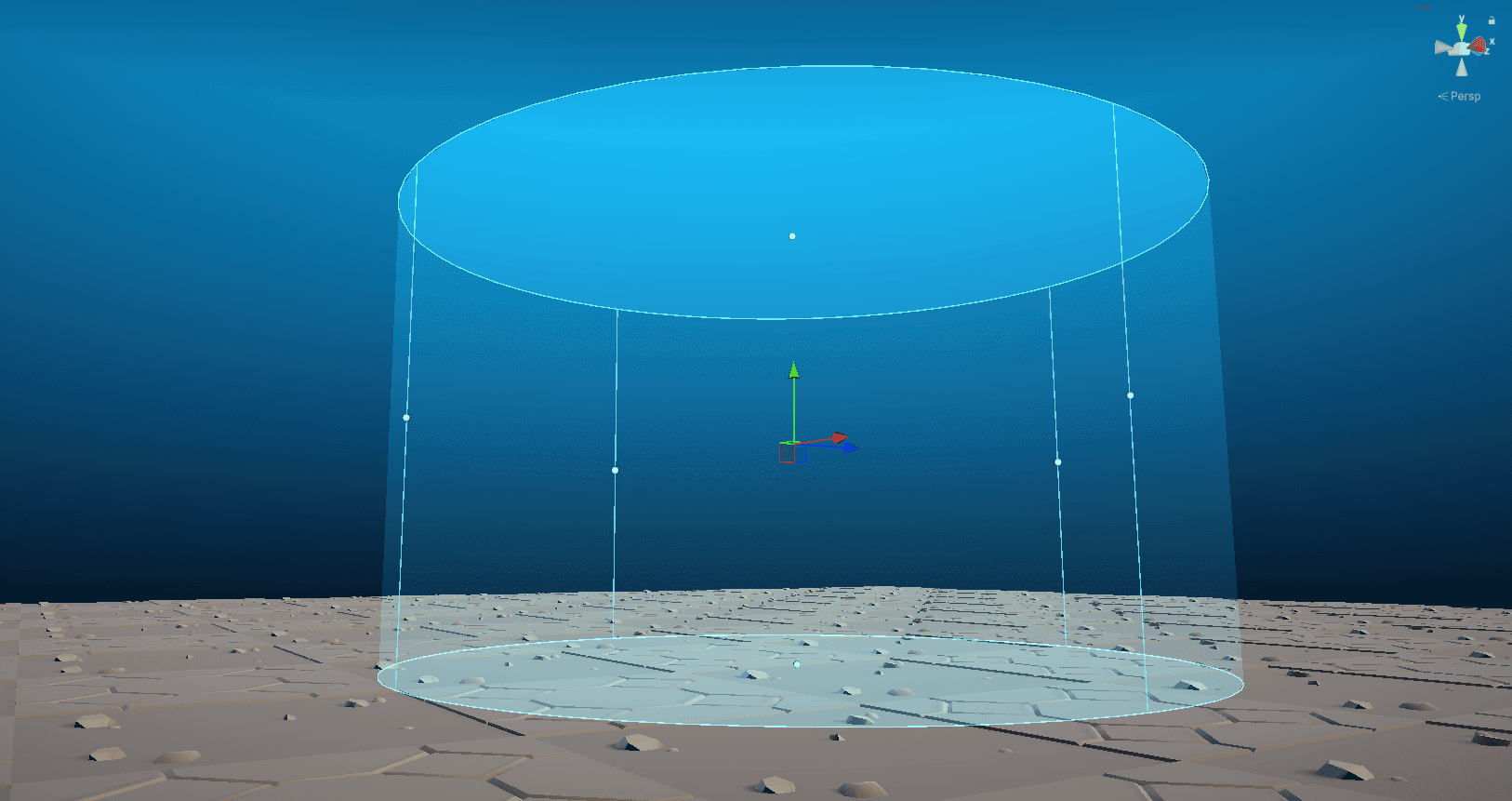 A cylinder Paint Volume in the Scene view with its four radius grips at the compass points
