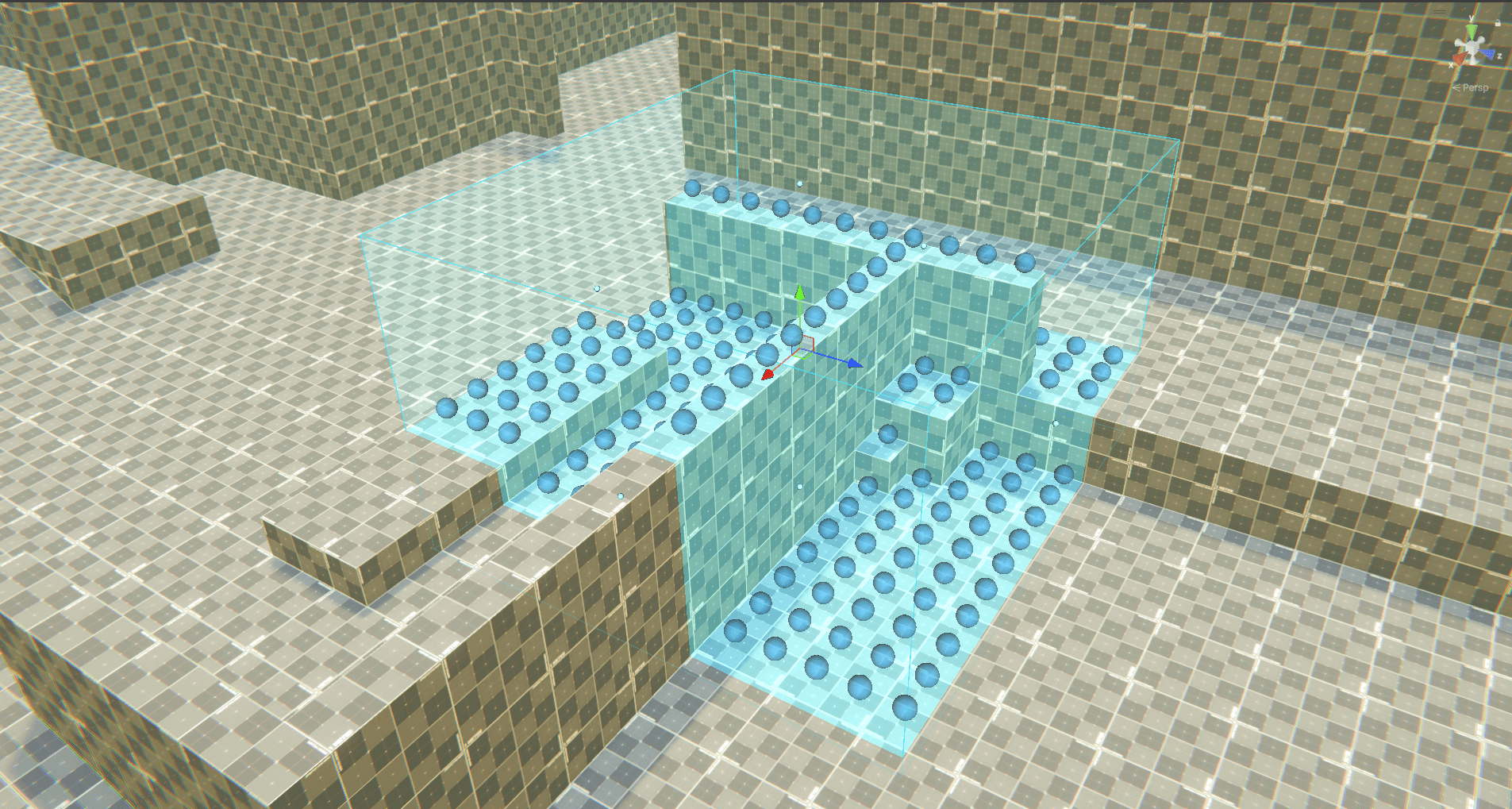 A box Paint Volume dragged over several separate meshes, with the caught surfaces tinted and placement points on each of them