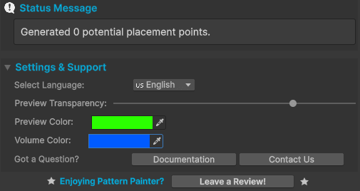 The Settings and Support section, showing Select Language, Preview Transparency, Preview Color, and Volume Color
