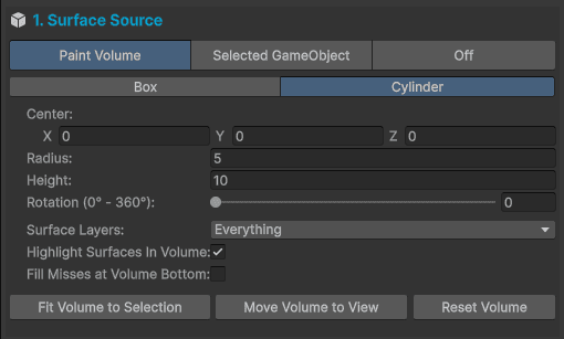 Section 1, Surface Source, showing the mode toggle, volume shape and dimension fields, Surface Layers, Highlight Surfaces In Volume, and the three volume buttons